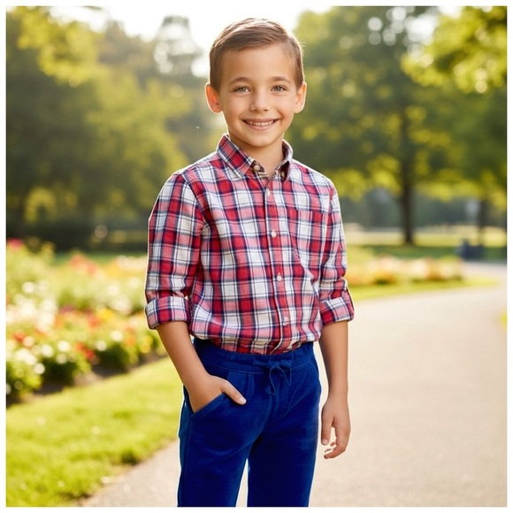 The Childrens Place Plaid Button-Down Shirt. Red, Pink, Blue, Gray. 10/12 - Picture 1 of 10